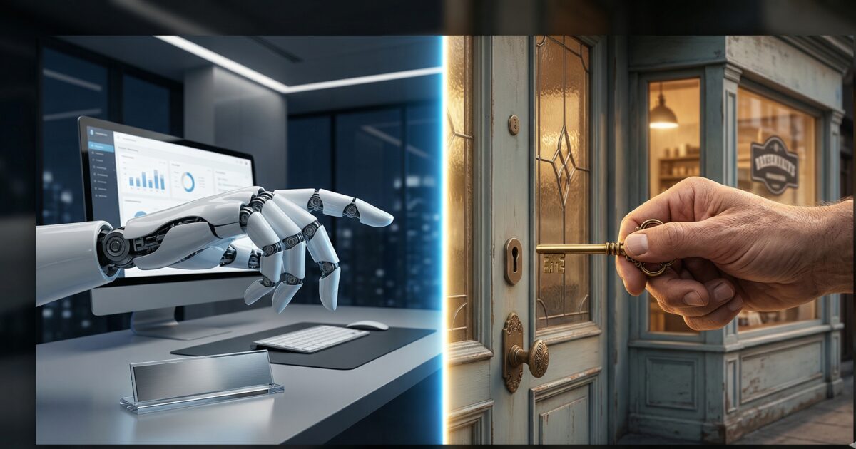 Robot arm working alongside an empty office chair, illustrating AI job displacement urgency