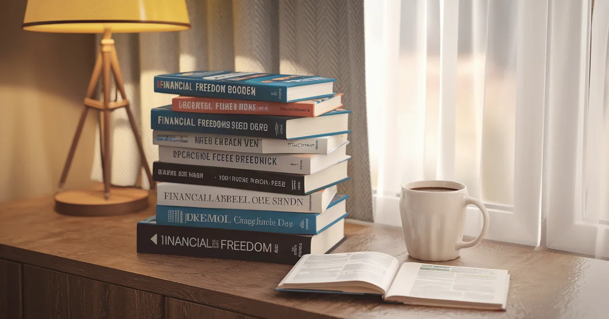 Stack of personal finance and wealth-building books on a desk next to reading glasses, representing the best books about escaping the rat race