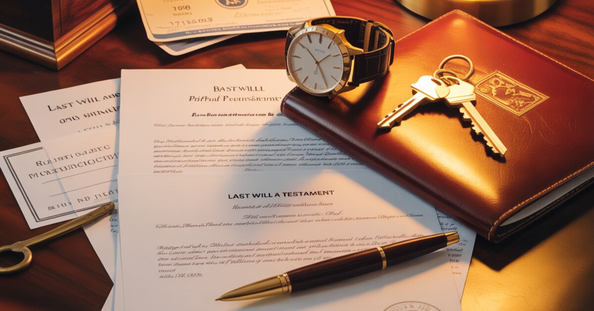 Polished mahogany desk with luxury watch, stock certificates, house key, and estate planning documents representing the buy borrow die wealth preservation strategy