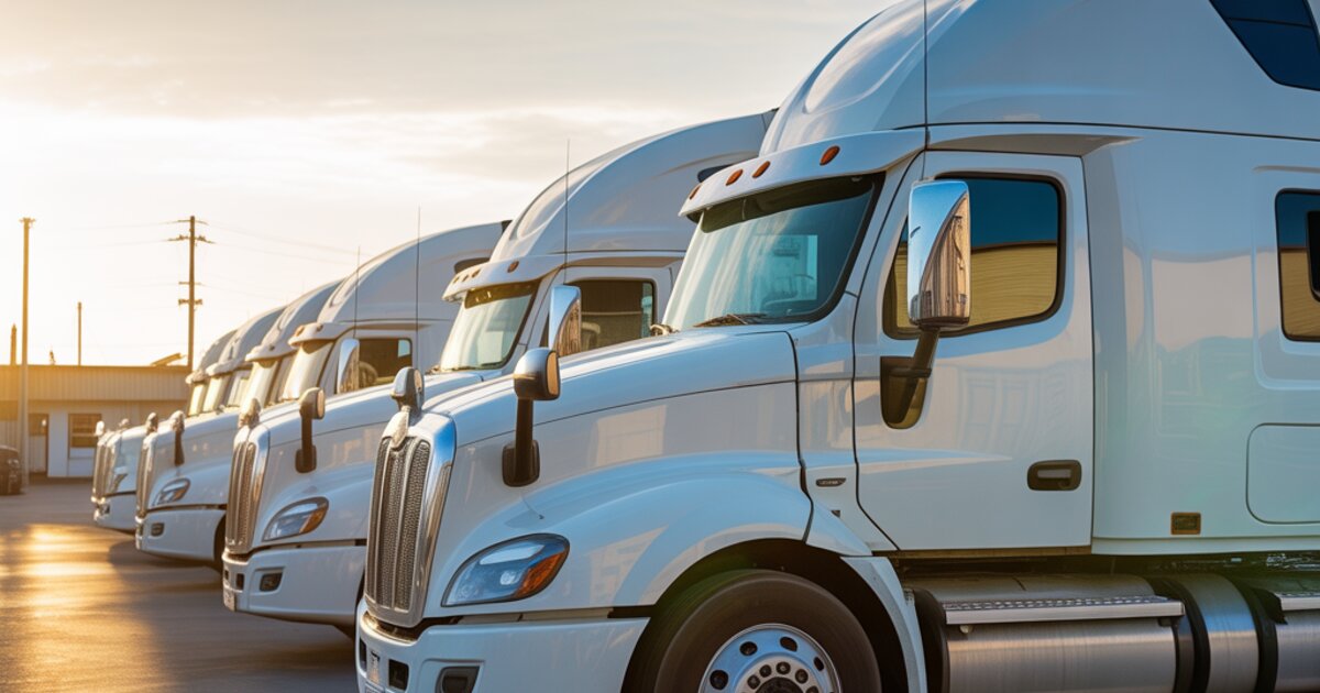 Row of gleaming white semi trucks parked at a trucking terminal at golden hour, representing the CDL to fleet owner wealth building path
