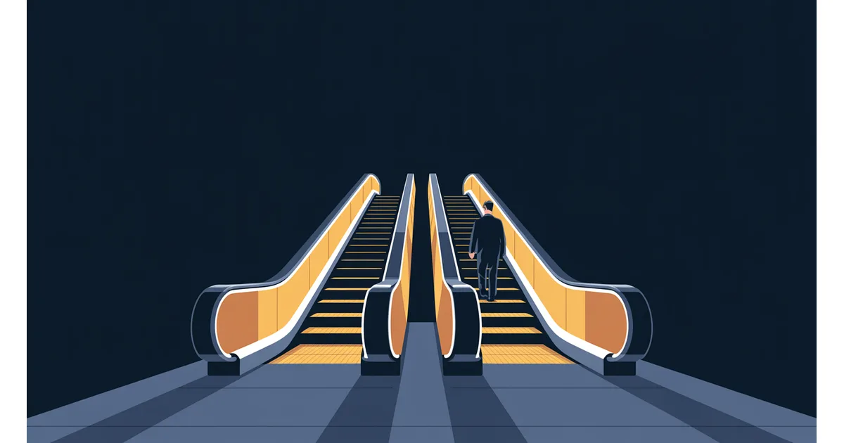 Two rising ladders side by side on an amber and navy field, one steep with even rungs, the other short and uneven, suggesting indexed versus discretionary growth.