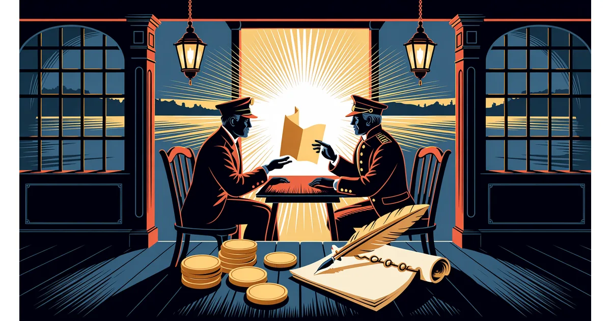 Colonial broker at a coffee house table passing a glowing bill of exchange to a uniformed officer while keeping only a thin sliver of coins