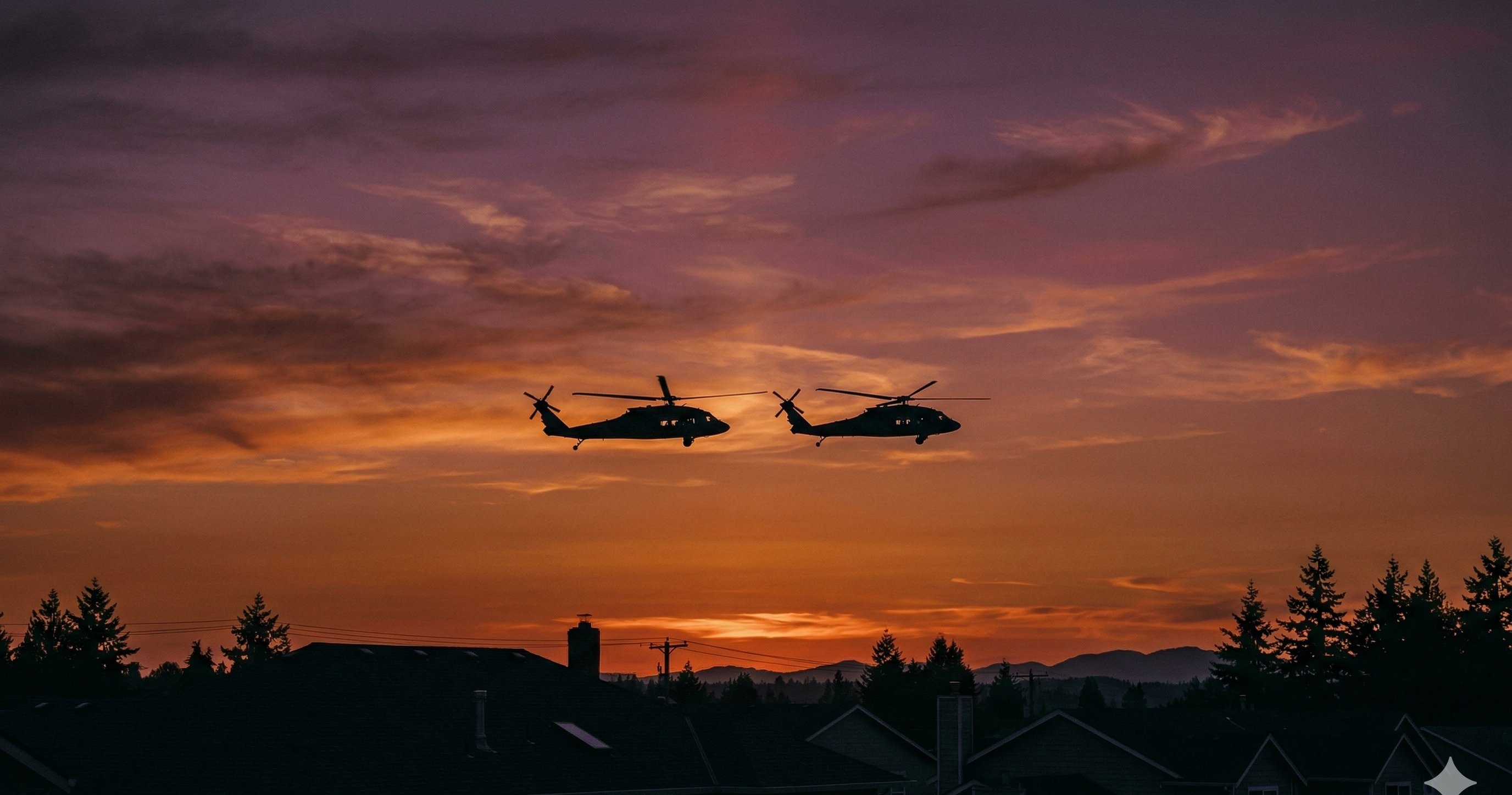 Black Hawk helicopter silhouette against a Pacific Northwest sunset with suburban rooftops