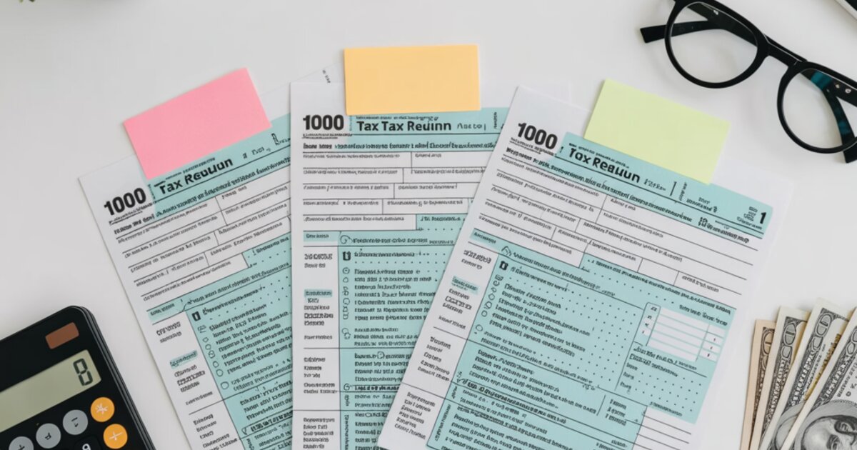 Three tax return forms fanned out on a white desk with colored sticky notes, calculator, and reading glasses comparing LLC and S-Corp structures