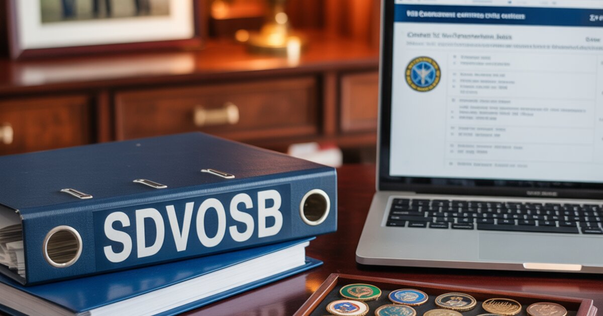 Professional desk with SDVOSB government contract binder, laptop showing federal procurement site, and challenge coins representing the military to contractor pipeline