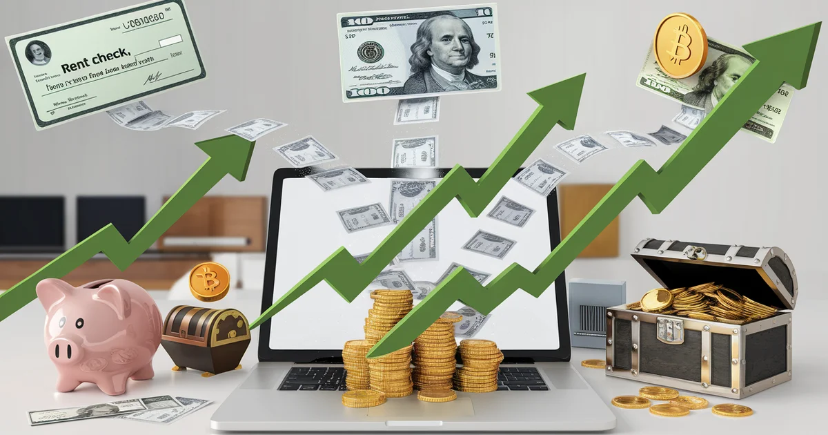 Multiple income stream sources illustrated next to a W-2 tax form, showing passive income strategies for salaried workers