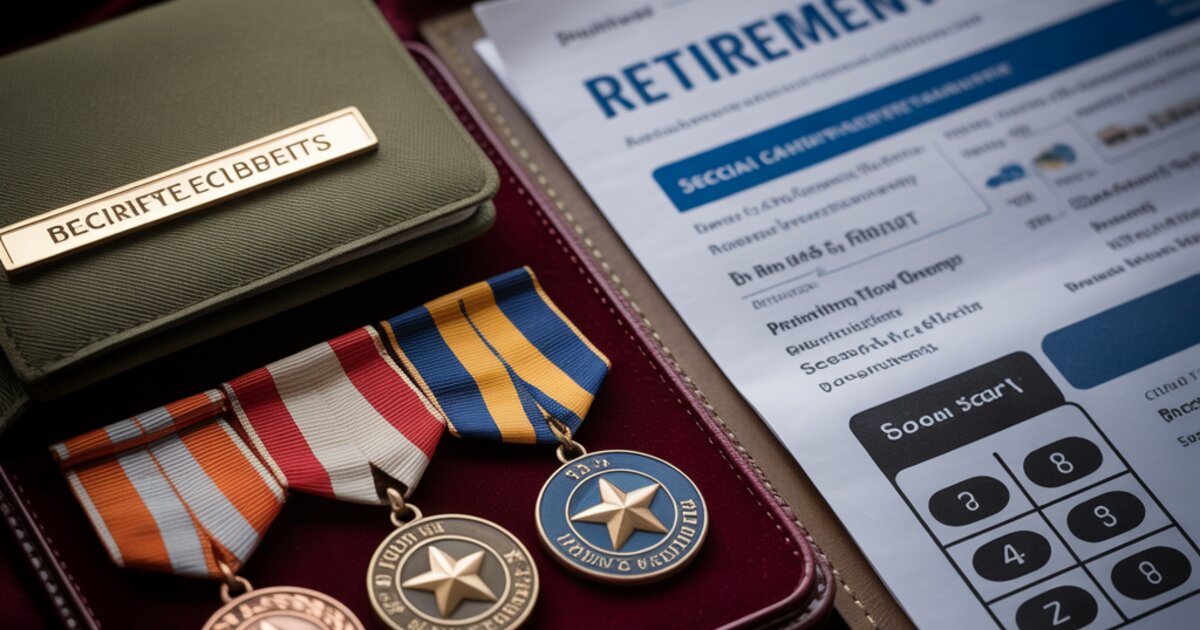 Military service medals and campaign ribbons on dark velvet next to retirement benefits folder and pension calculator, representing pension stacking strategies