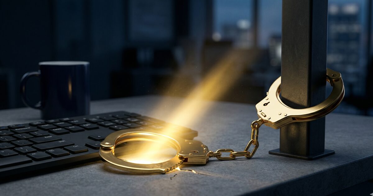 Gold handcuffs on a corporate desk next to a laptop, symbolizing the psychology that keeps workers trapped