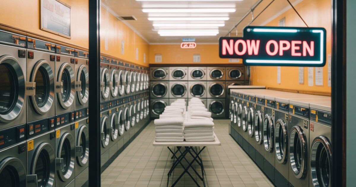 Busy coin-operated laundromat interior with rows of chrome commercial washing machines and dryers, representing recession-proof business ownership