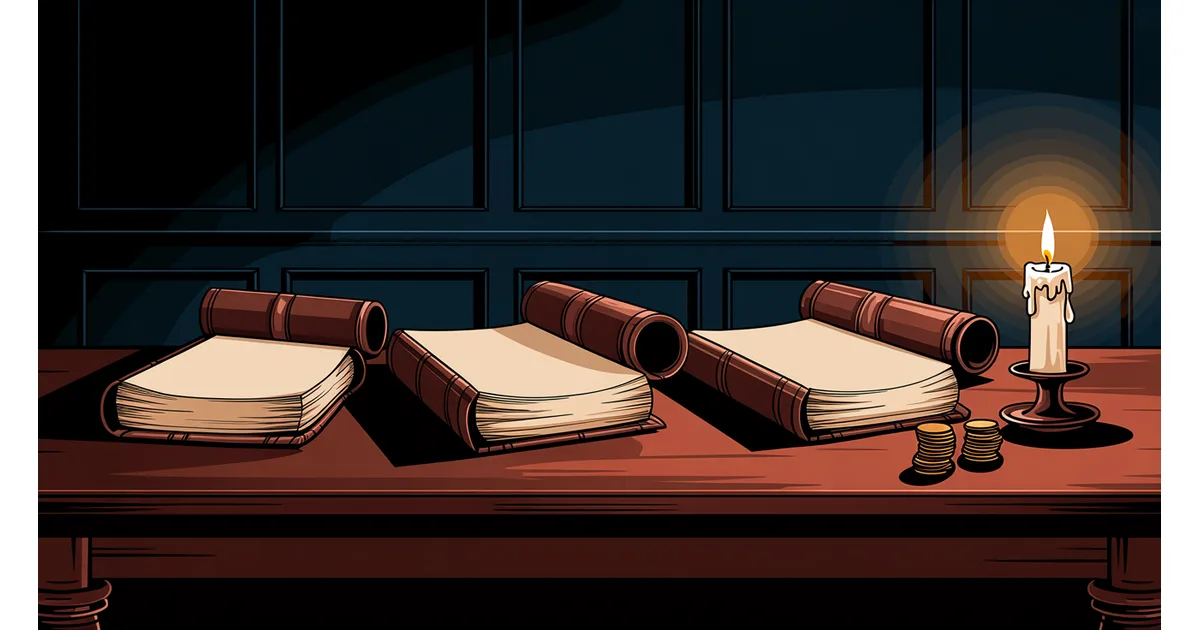 Worn colonial ledgers lying open on a candlelit wooden table beside a single steady candle and a modest stack of coins