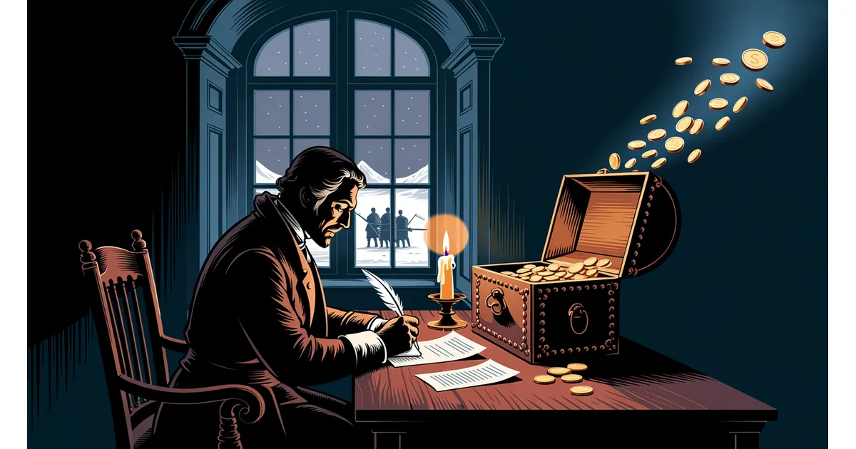 Colonial era merchant signing promissory notes by candlelight while coins drain from his strongbox toward a distant army camp