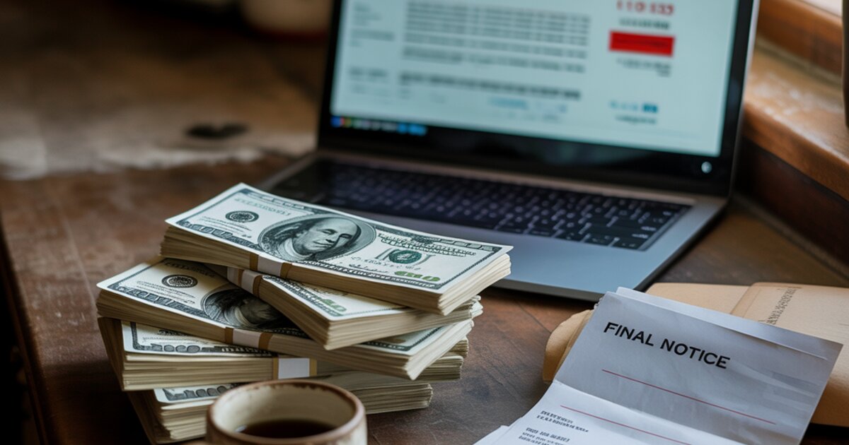Stack of hundred dollar bills on a kitchen counter next to a laptop showing bills and overdue notices, showing why six figures still feels like poverty