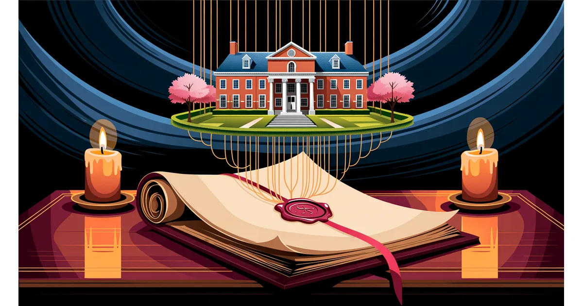 A thick sealed document on a candlelit desk with luminous threads rising from it to hold up a small classical school building