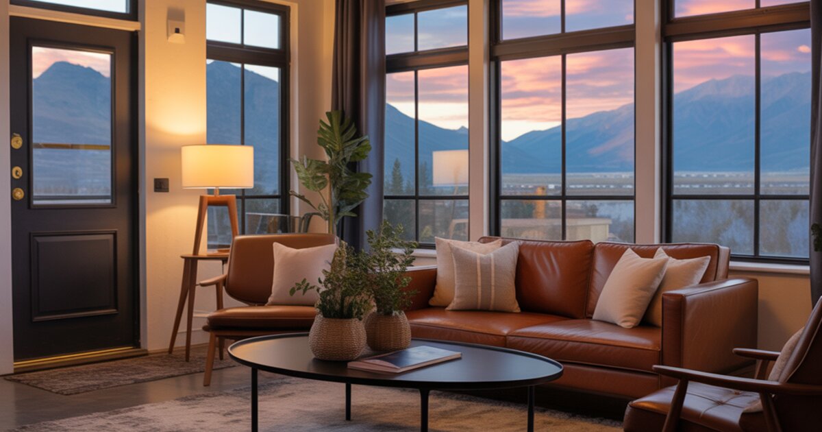Stylishly staged short-term rental living room with smart lock keypad and welcome binder, representing the STR tax loophole strategy for W-2 earners