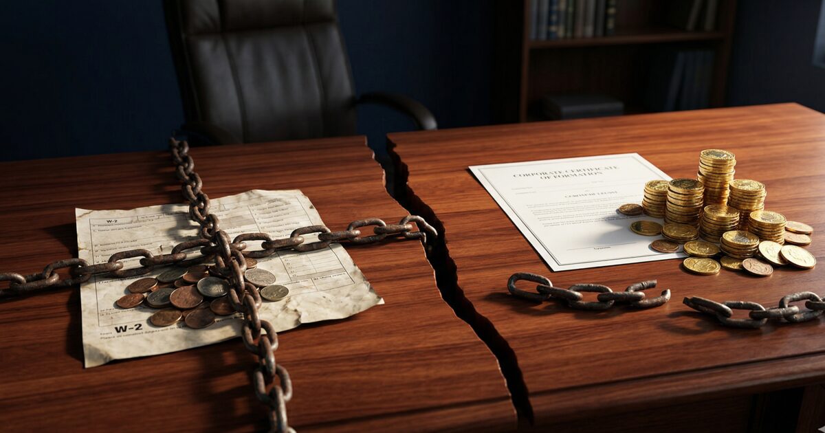 Gold coins flowing from a W-2 tax form into the hands of asset holders, illustrating the wealth transfer mechanism