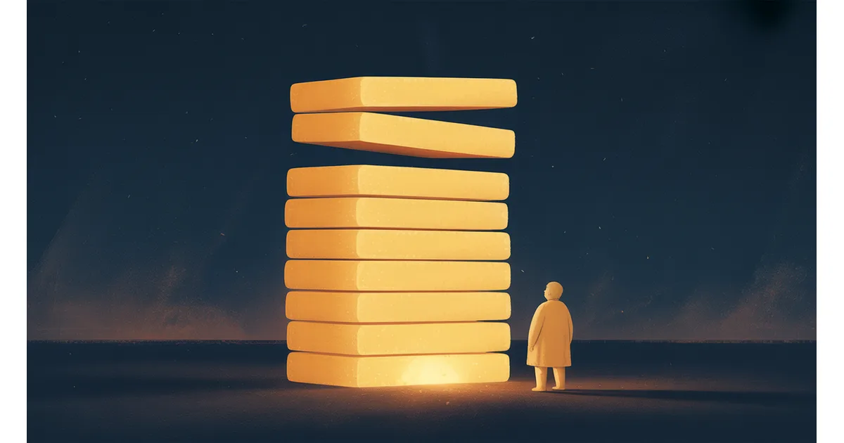 A tall stack of luminous coins with a broad shadowed portion lifted away and set behind it, unseen by a small figure standing at the base