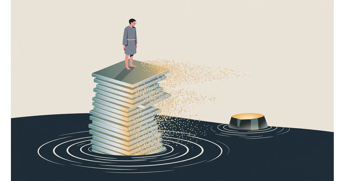 A tall stack of translucent glass tablets eroding into drifting golden motes above a rising tide, with a solid stone platform on dry ground nearby, on an amber and navy field.