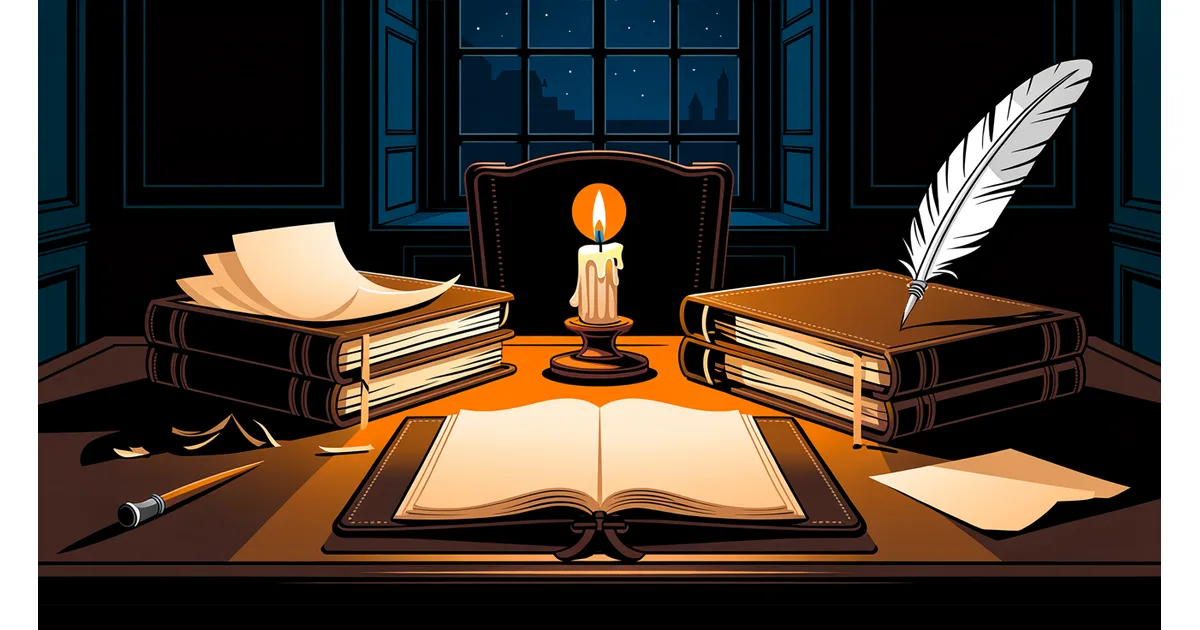 Colonial partners desk at night with one ledger stack spilling loose papers and the other squared and neat beside an upright quill, a single candle burning between them