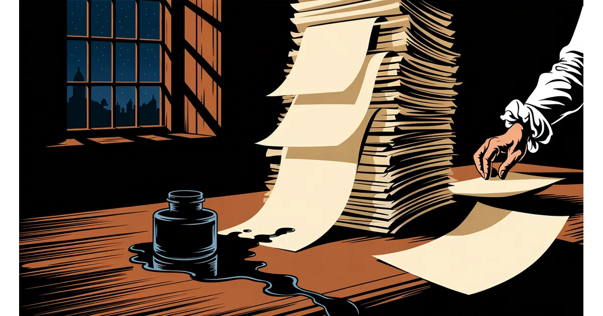 A hand adds one more blank note to a towering stack of promissory papers beside a spilled inkwell on a colonial desk at night