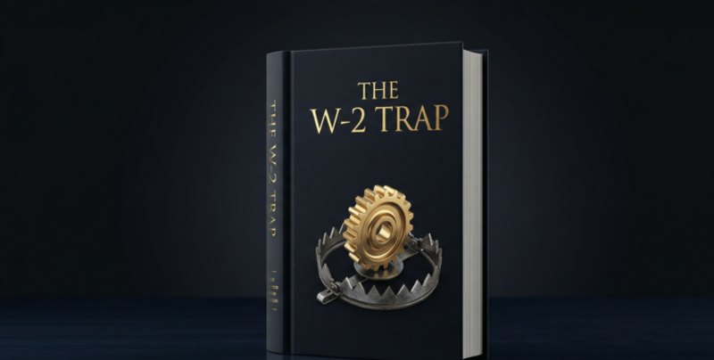 The W-2 Trap 3D book mockup — dark navy hardcover with gold text and a golden gear caught in a steel bear trap. 541 pages by J.A. Watte.