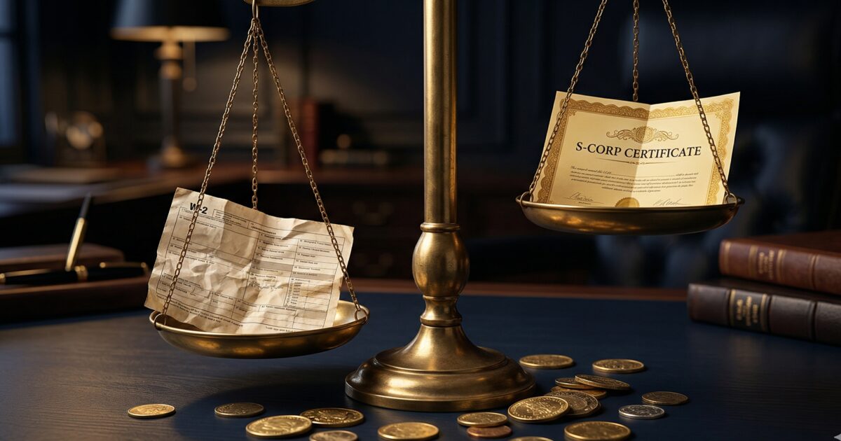 A brass balance scale with a W-2 form weighed down on one side and a gold S-Corp certificate floating on the other